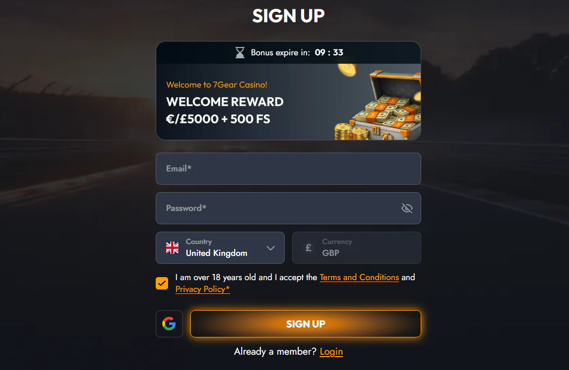 7Gear Casino sign-up form featuring a €5,000 welcome bonus with 500 free spins, email and password fields, country and currency selection